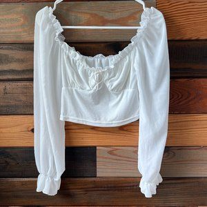 SHEIN White Cropped Blouse with Long Sleeves and Tie Accent on Front Size S